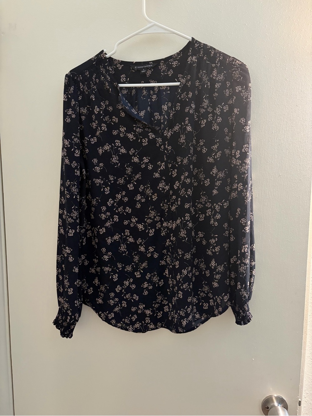 Navy blue with light pink floral long-sleeve blouse